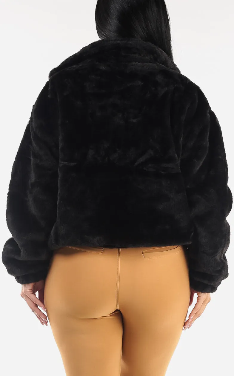 Black Long Sleeve Zip Up Faux Fur Collared Jacket sold by Moda product image thumbnail 5