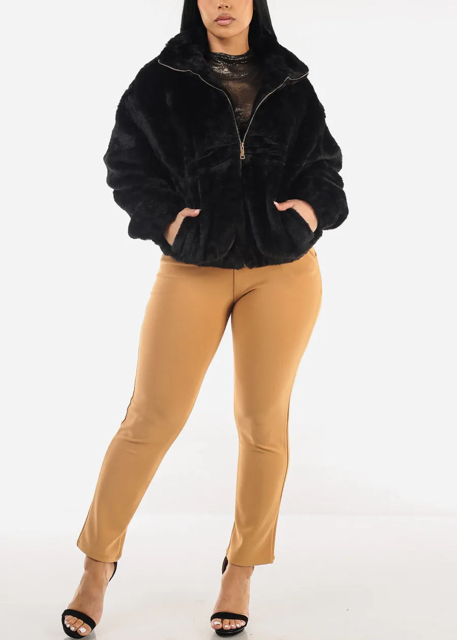 Black Long Sleeve Zip Up Faux Fur Collared Jacket sold by Moda product image thumbnail 2