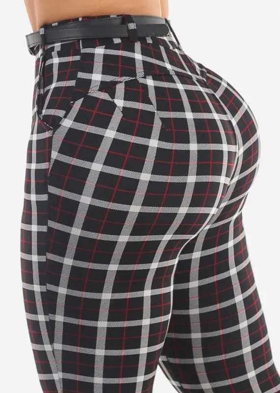 Butt Lift High Waist Plaid Skinny Pants Black w Belt sold by Moda