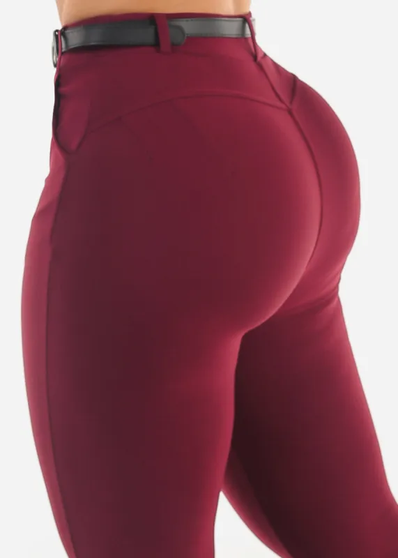 Butt Lift High Waist Skinny Ankle Pants Burgundy w Belt sold by Moda
