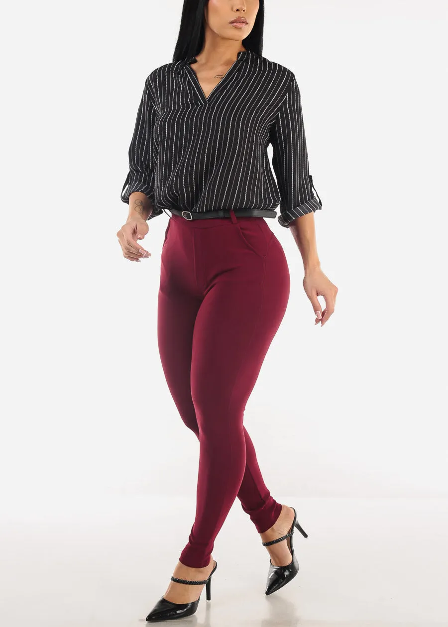 Butt Lift High Waist Skinny Ankle Pants Burgundy w Belt sold by Moda product image thumbnail 2
