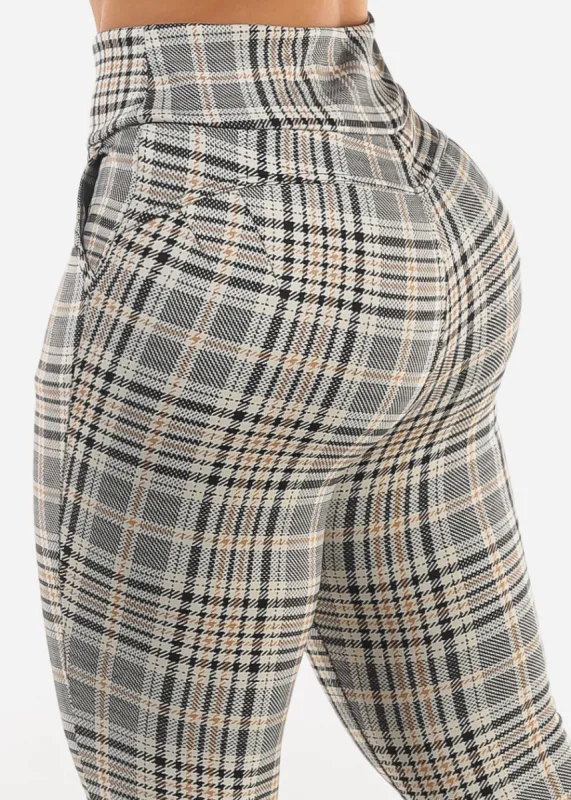Butt Lift Super High Waist Plaid Skinny Ankle Pants Beige sold by Moda