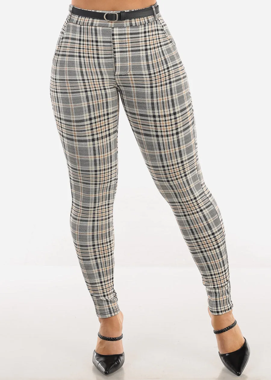 Butt Lift High Waist Plaid Skinny Ankle Pants Beige w Belt sold by Moda product image thumbnail 3