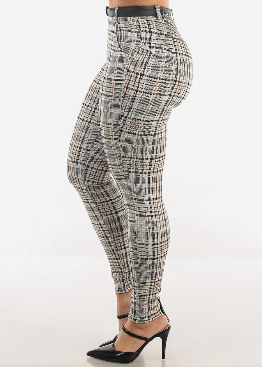 Butt Lift High Waist Plaid Skinny Ankle Pants Beige w Belt sold by Moda product image thumbnail 4