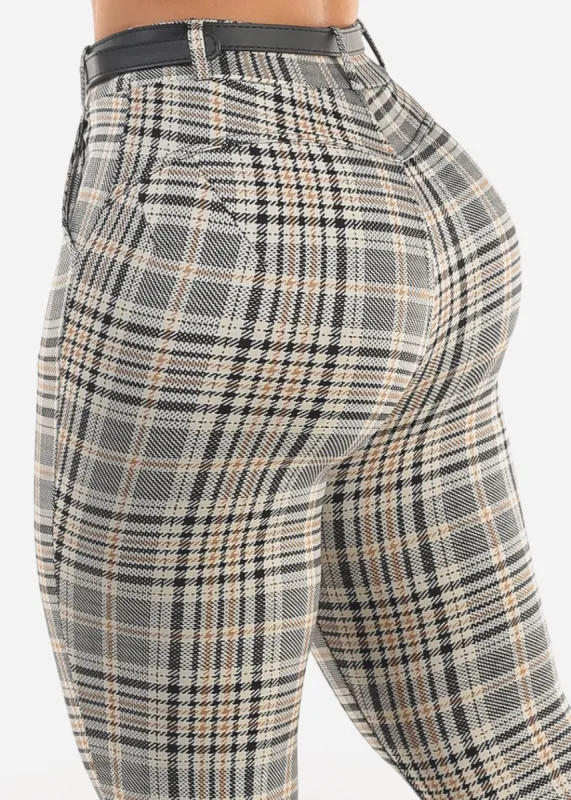 Butt Lift High Waist Plaid Skinny Ankle Pants Beige w Belt sold by Moda