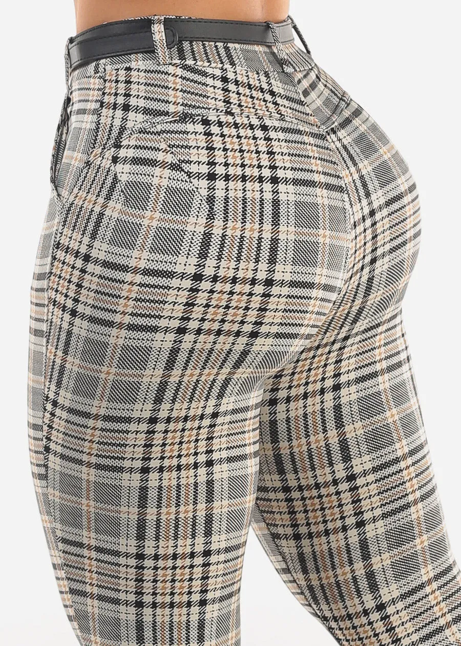 Butt Lift High Waist Plaid Skinny Ankle Pants Beige w Belt sold by Moda