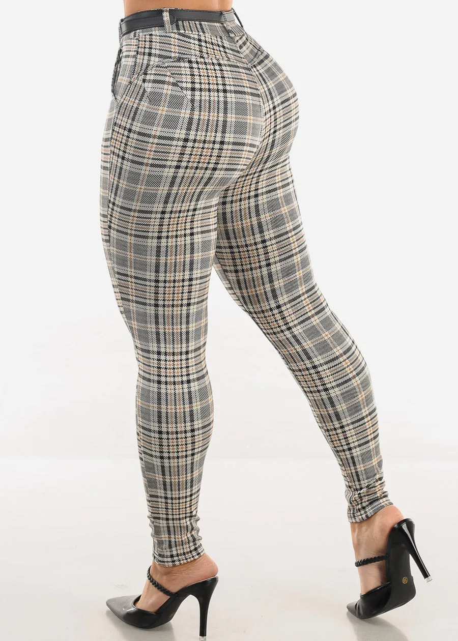 Butt Lift High Waist Plaid Skinny Ankle Pants Beige w Belt sold by Moda product image thumbnail 5