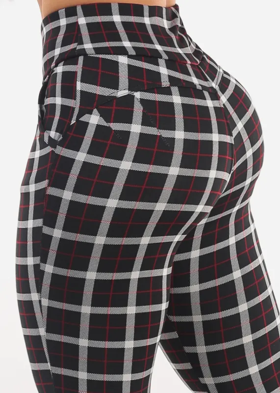 Butt Lift Super High Waist Plaid Skinny Ankle Pants Black sold by Moda