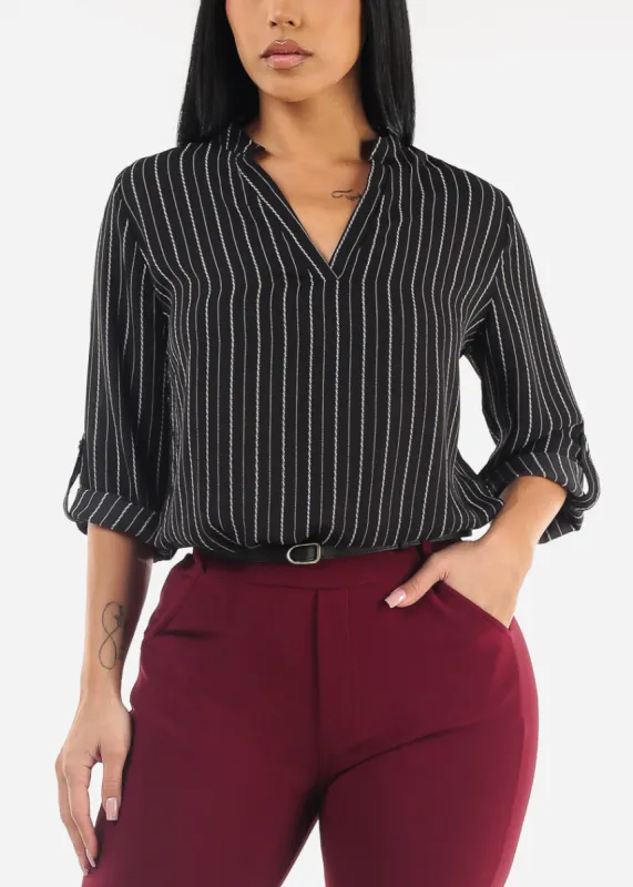 Black Quarter Sleeve V-Neck Stripe Blouse sold by Moda