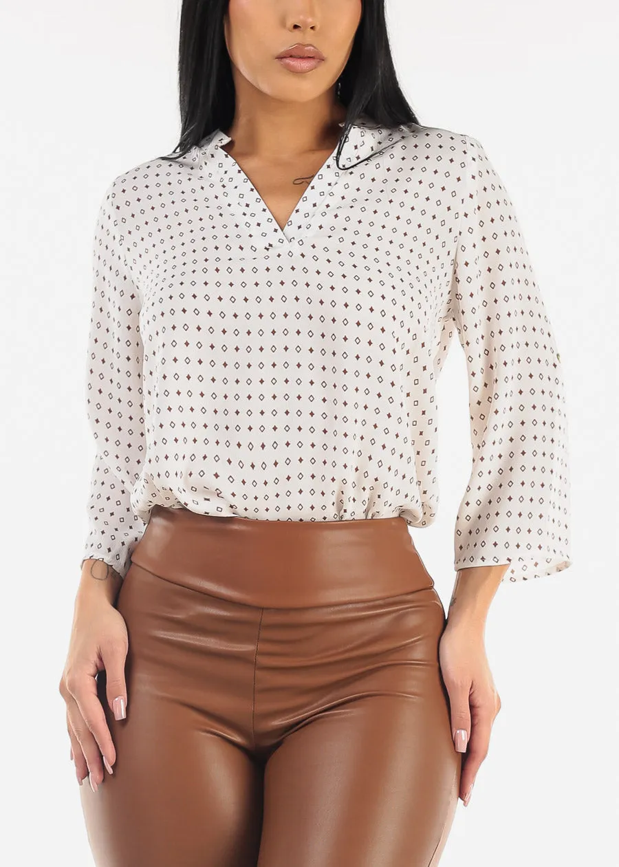 White V-Neck Quarter Sleeve Printed Blouse sold by Moda