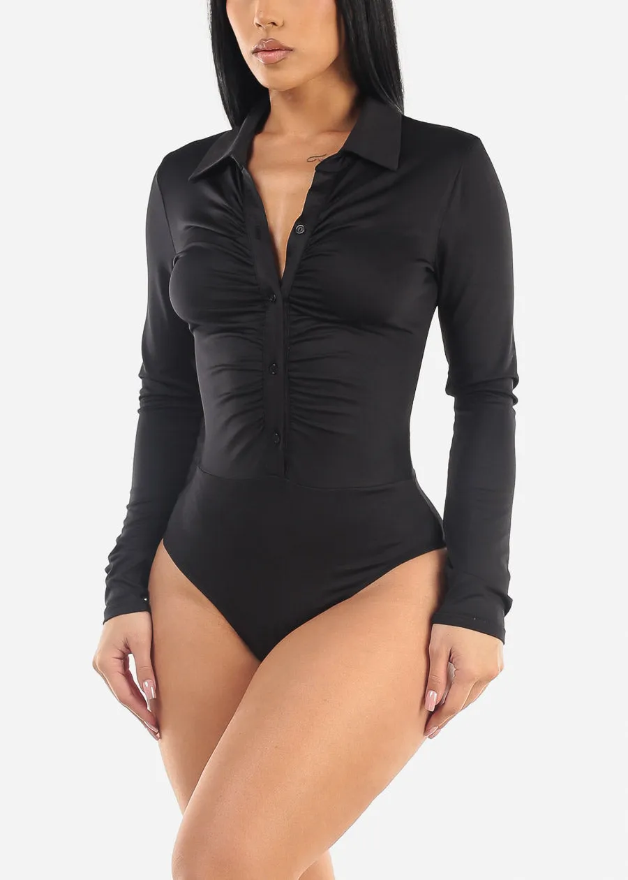 Black Long Sleeve Ruched Button Up Bodysuit sold by Moda