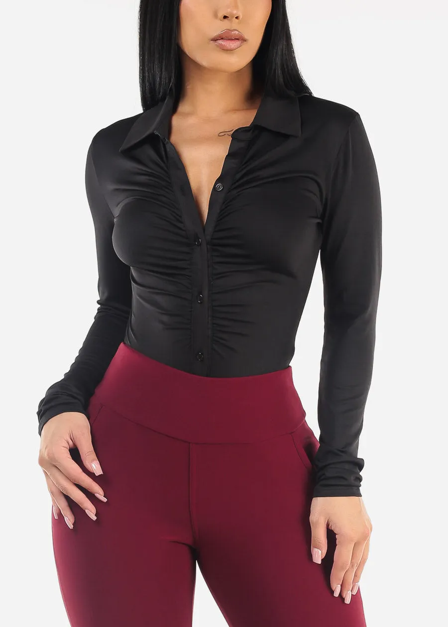 Black Long Sleeve Ruched Button Up Bodysuit sold by Moda product image thumbnail 5