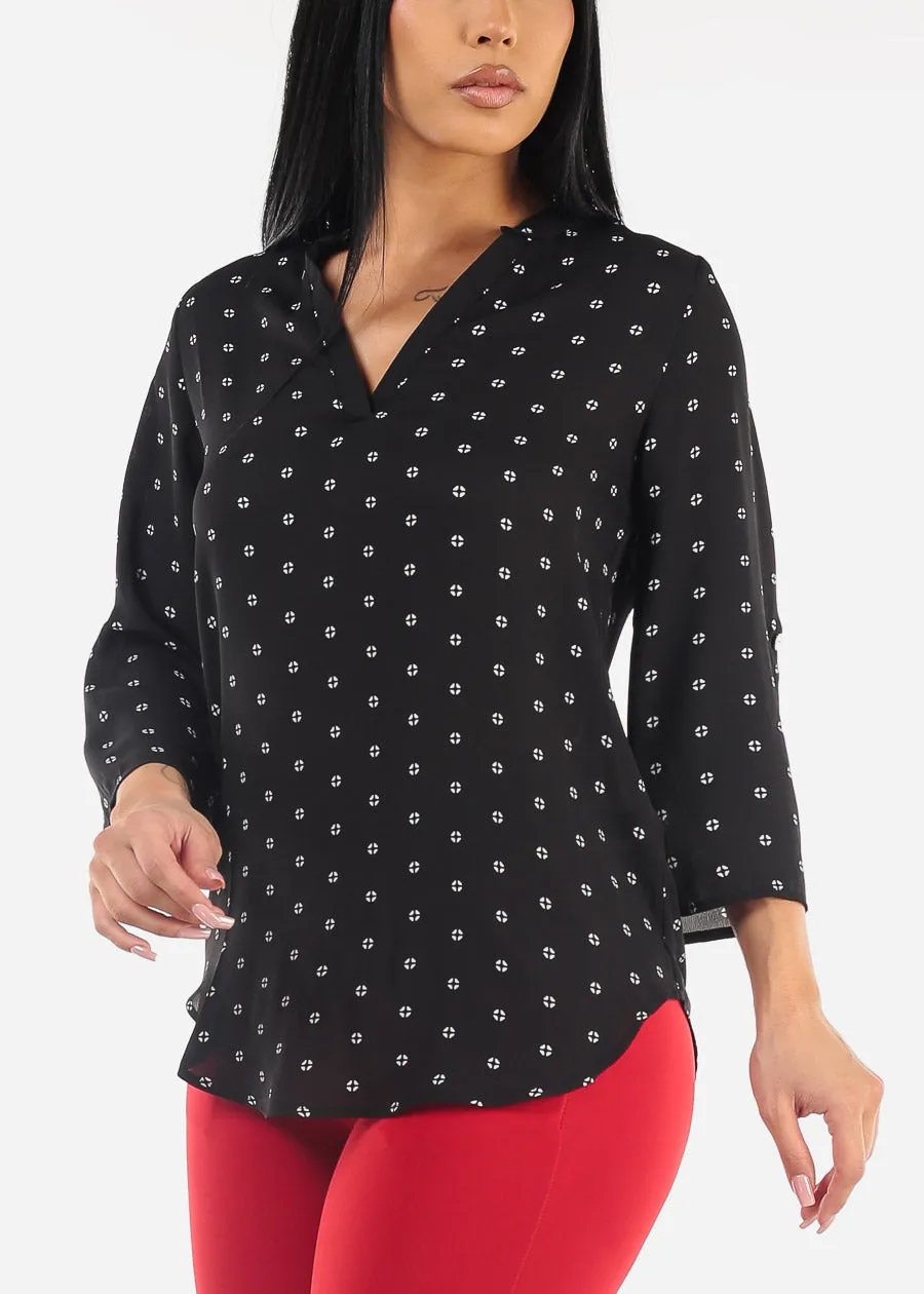 Black Quarter Sleeve V-Neck Printed Blouse sold by Moda