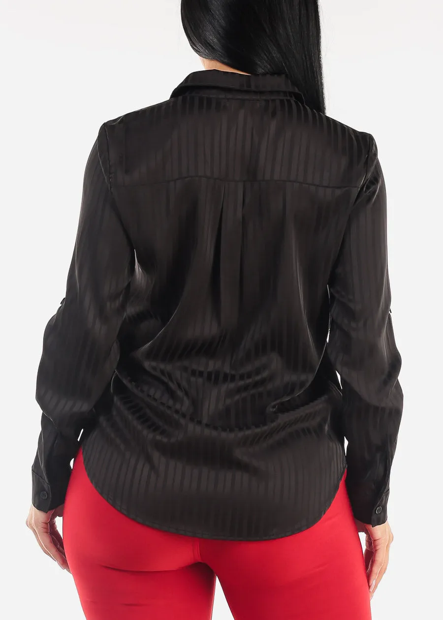 Long Sleeve Button Down Satin Stripe Blouse Black sold by Moda product image thumbnail 4