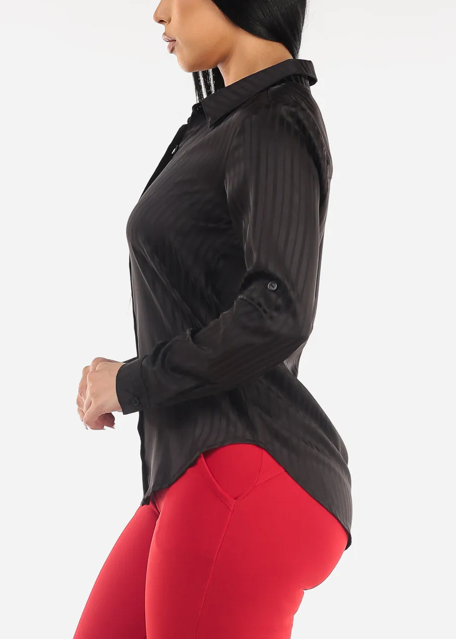 Long Sleeve Button Down Satin Stripe Blouse Black sold by Moda product image thumbnail 3