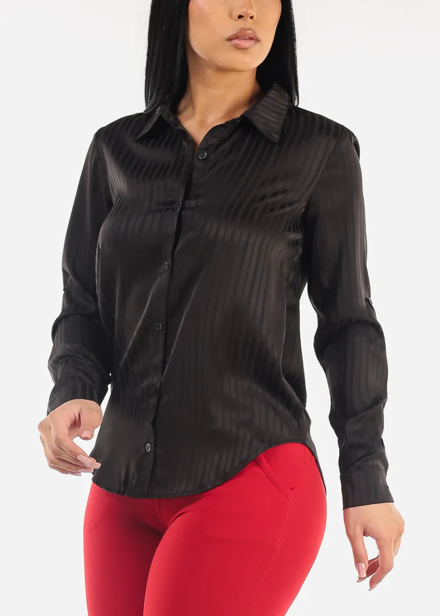 Long Sleeve Button Down Satin Stripe Blouse Black sold by Moda