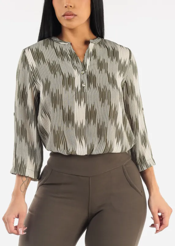 Quarter Sleeve Half Button Up Printed Blouse Olive sold by Moda