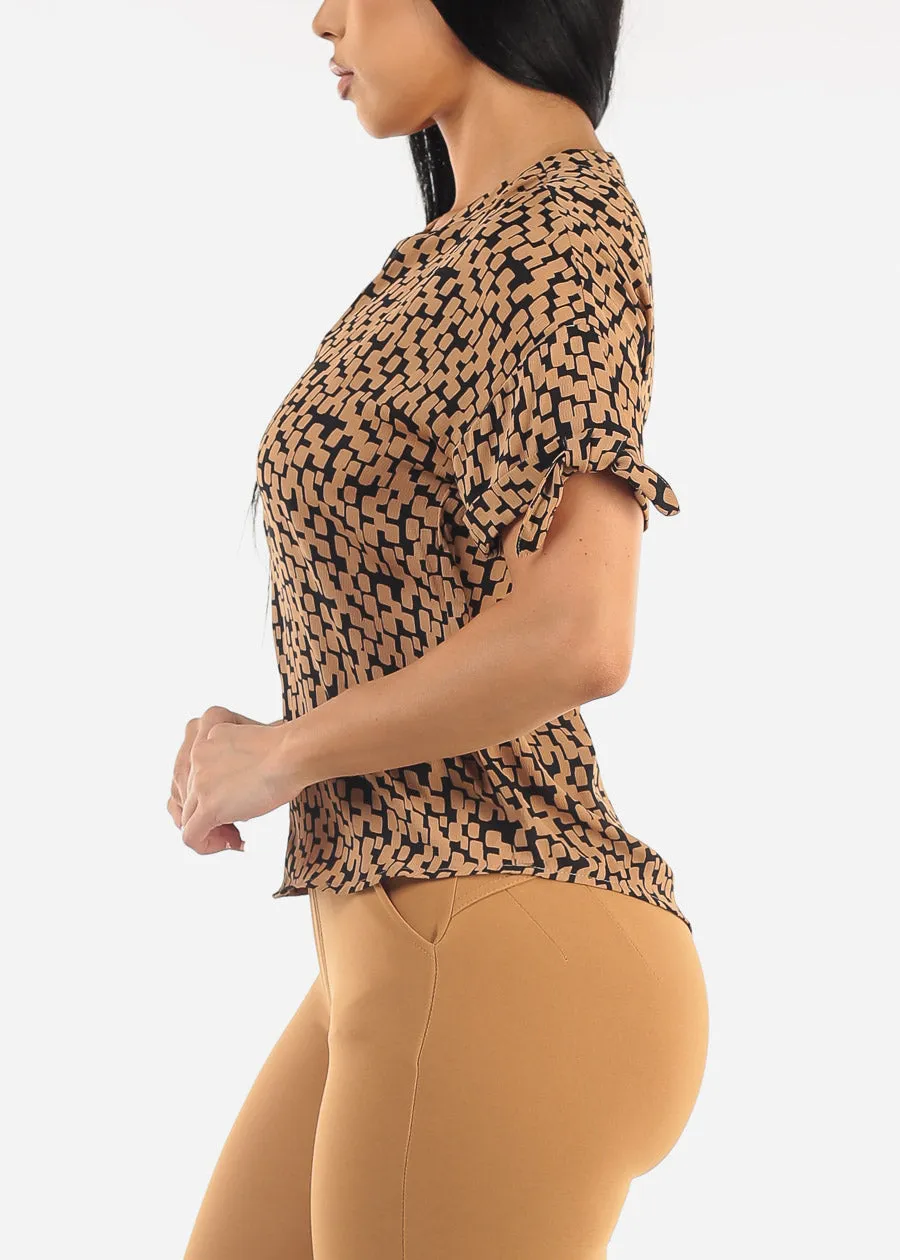 Short Sleeve V-Neck Printed Blouse Camel sold by Moda product image thumbnail 3