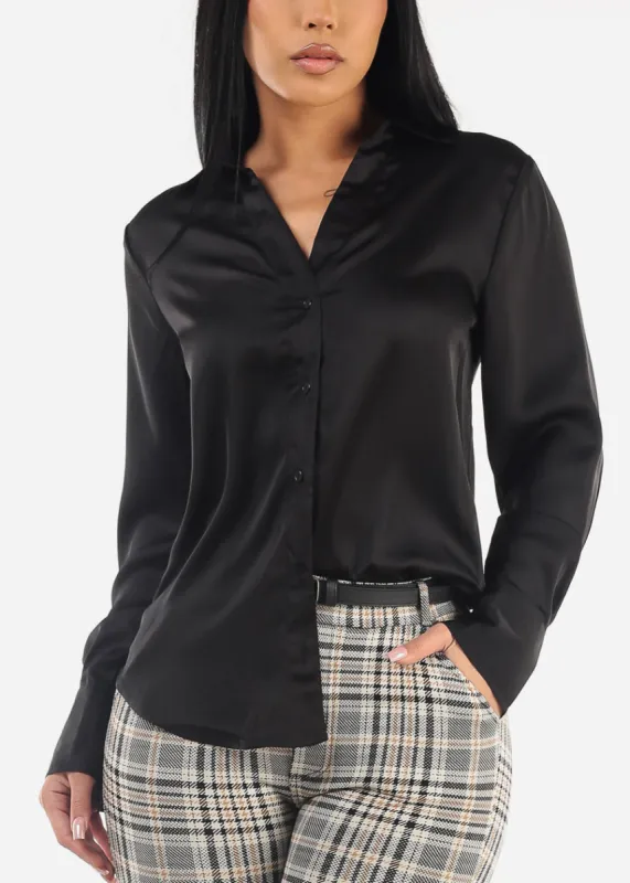 Black Long Sleeve Button Down Satin Blouse sold by Moda