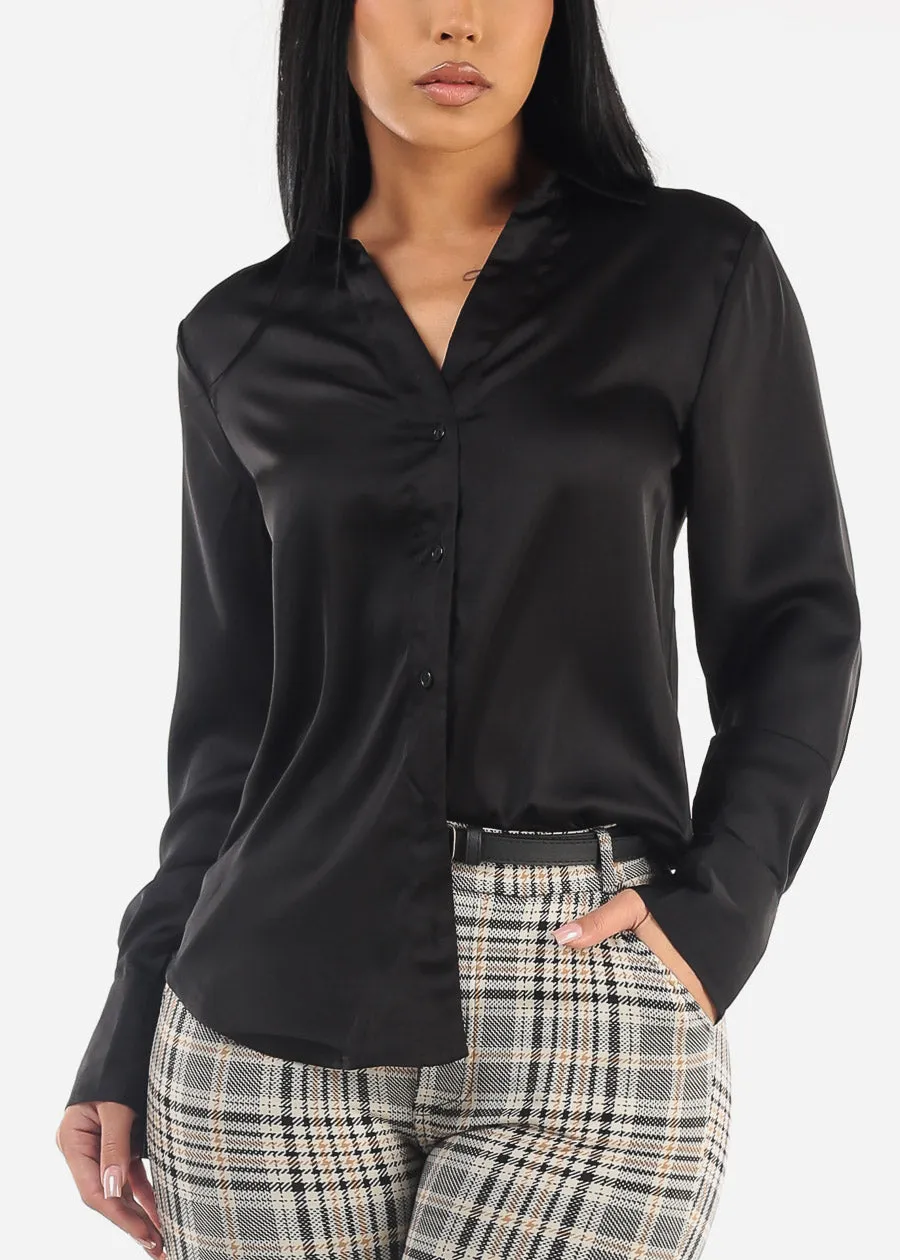Black Long Sleeve Button Down Satin Blouse sold by Moda