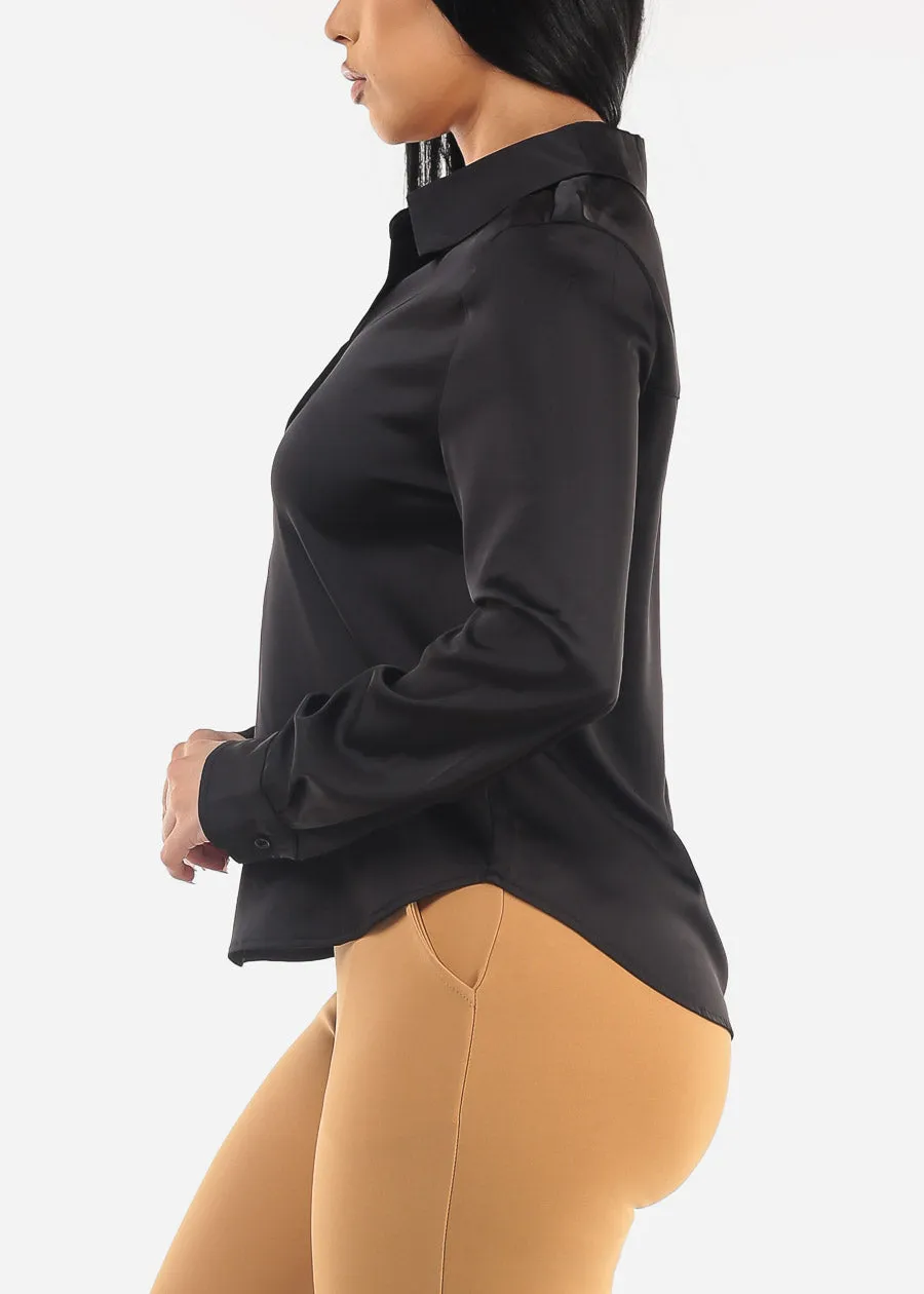Long Sleeve Half Button Up Satin Blouse Black sold by Moda product image thumbnail 3