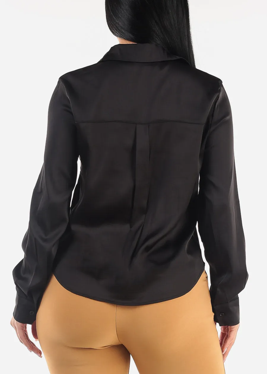 Long Sleeve Half Button Up Satin Blouse Black sold by Moda product image thumbnail 4