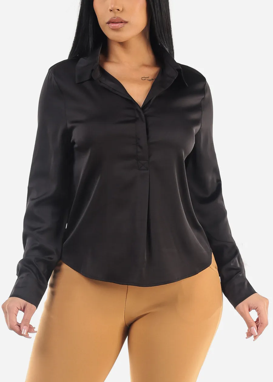 Long Sleeve Half Button Up Satin Blouse Black sold by Moda