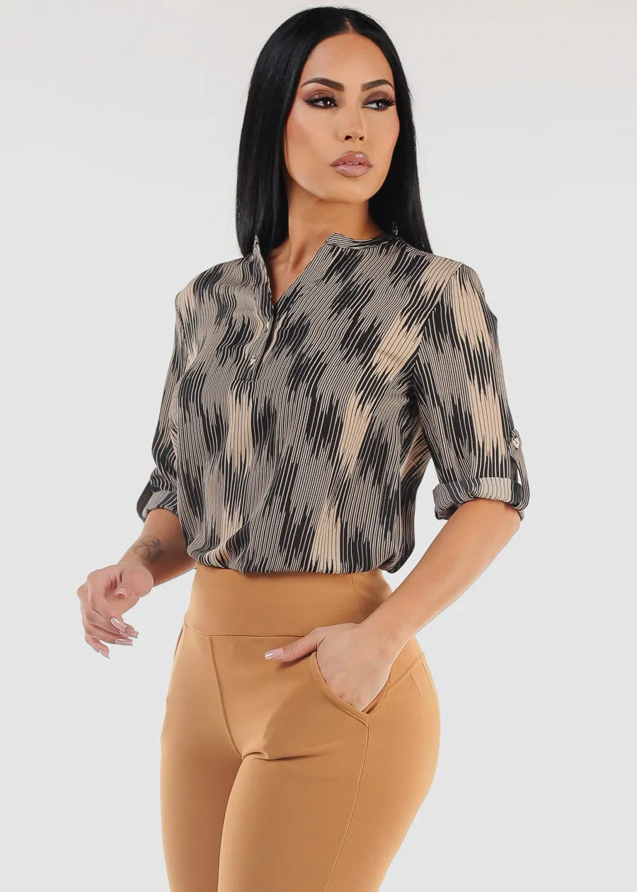 Quarter Sleeve Half Button Up Printed Blouse Black sold by Moda