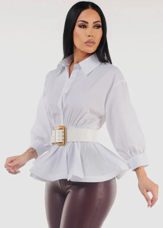 White Quarter Sleeve Pleated Peplum Blouse w Belt sold by Moda