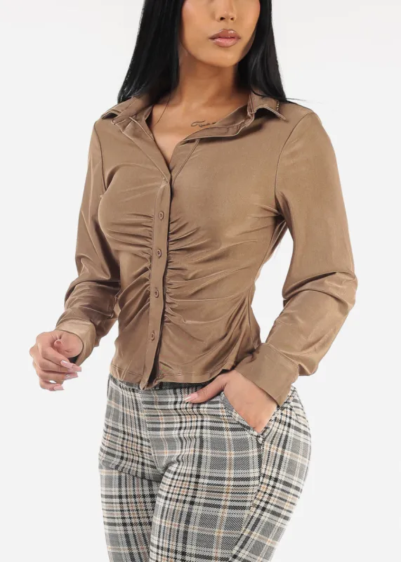Long Sleeve Stretch Ruched Button Up Blouse Bronze sold by Moda