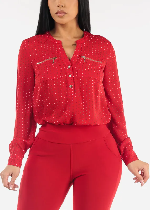 Long Sleeve Half Button Up Polka Dot Blouse Red sold by Moda