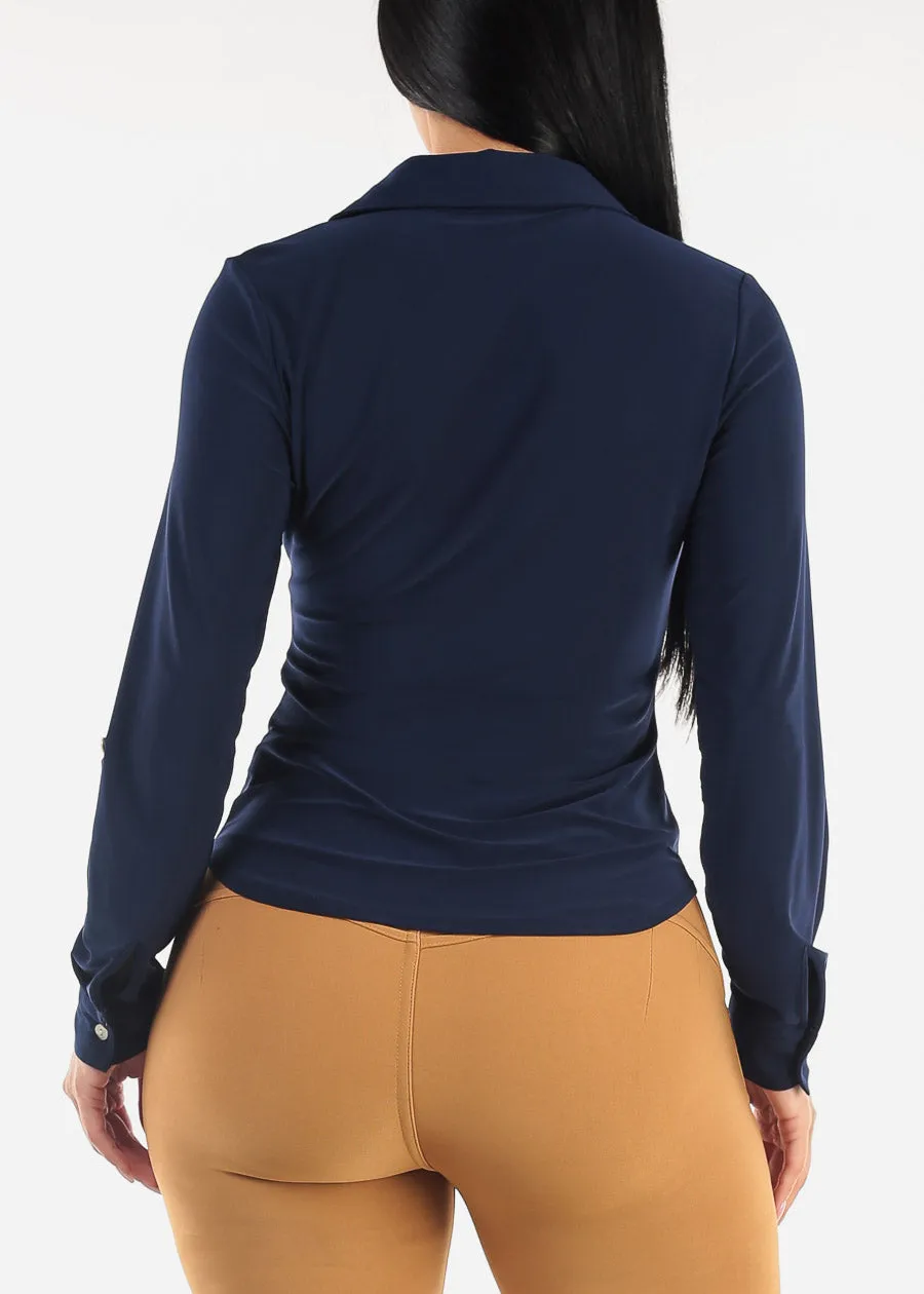 Ruched Button Down Long Sleeve Blouse Navy sold by Moda product image thumbnail 4