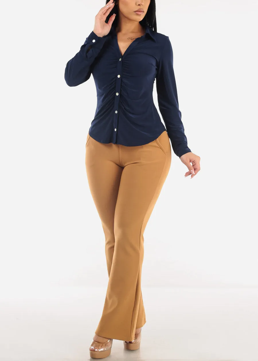 Ruched Button Down Long Sleeve Blouse Navy sold by Moda product image thumbnail 2