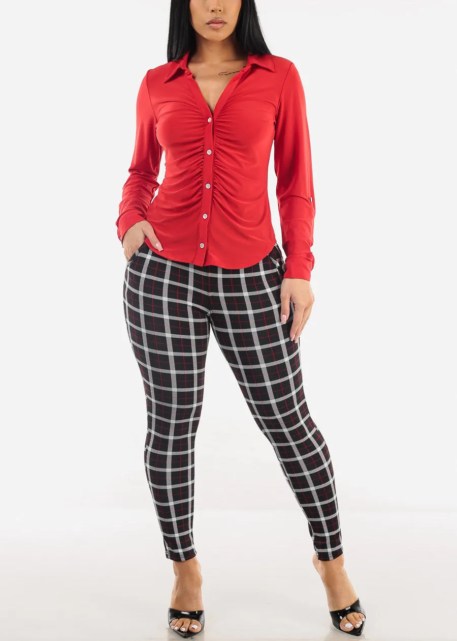 Ruched Button Down Long Sleeve Blouse Red sold by Moda product image thumbnail 2