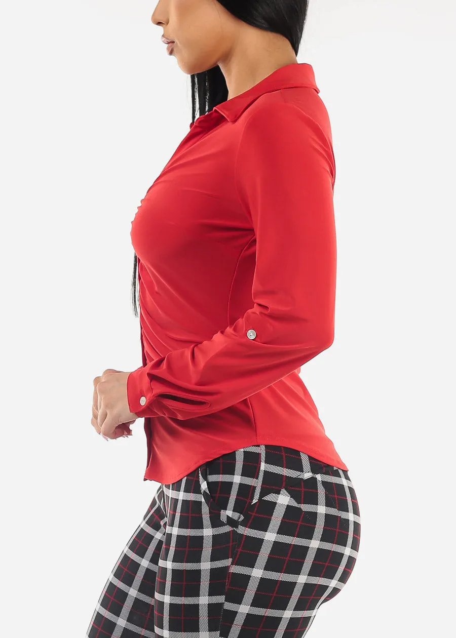 Ruched Button Down Long Sleeve Blouse Red sold by Moda product image thumbnail 3