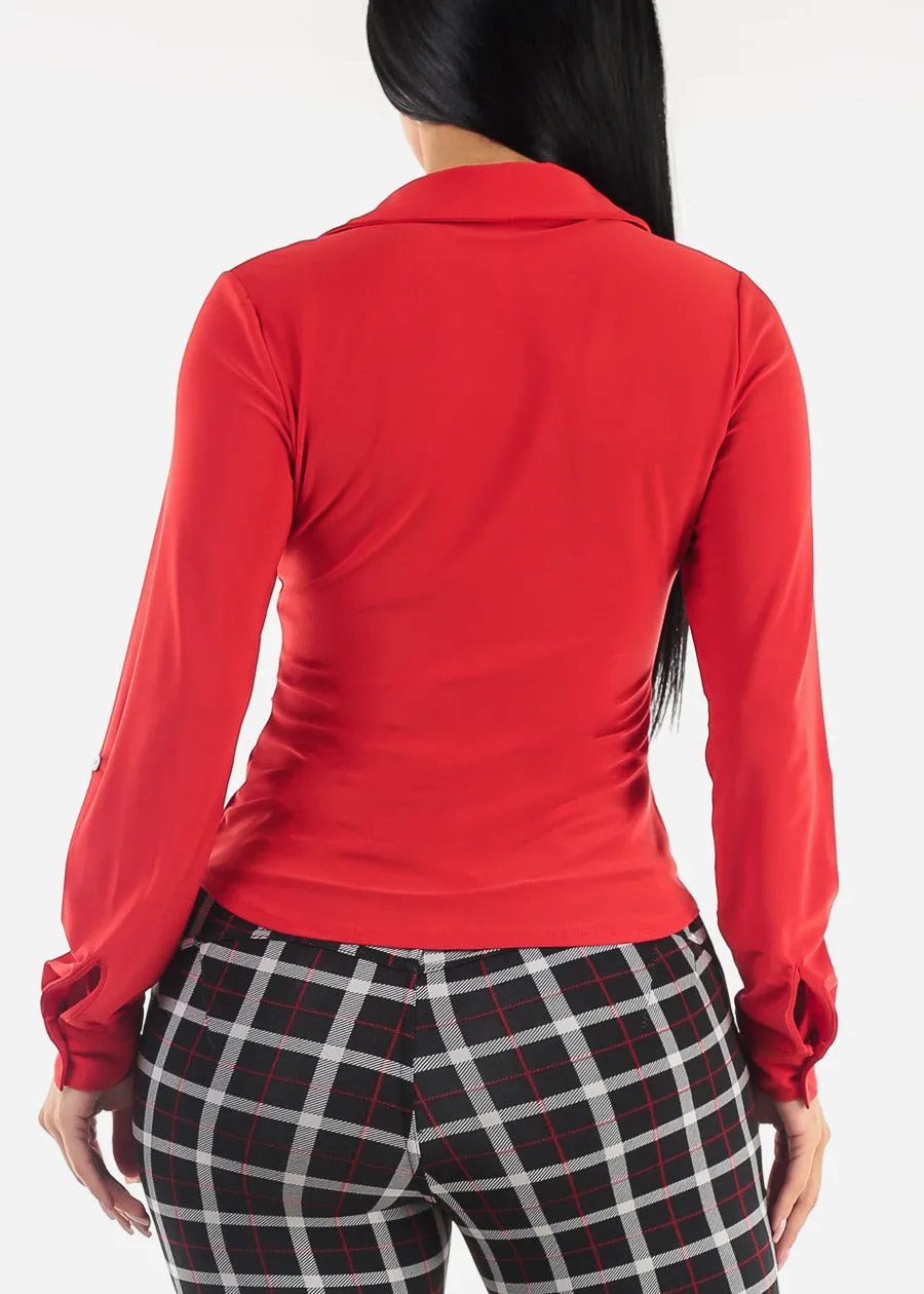 Ruched Button Down Long Sleeve Blouse Red sold by Moda product image thumbnail 4
