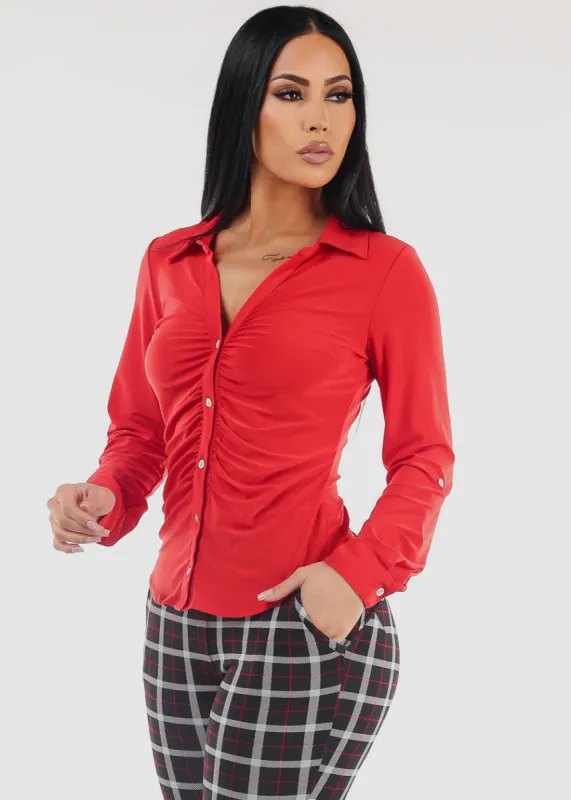 Ruched Button Down Long Sleeve Blouse Red sold by Moda