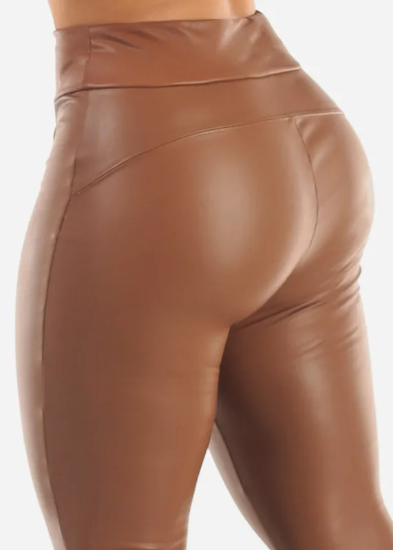 Butt Lift Vegan Leather Skinny Pants Brown made by Moda