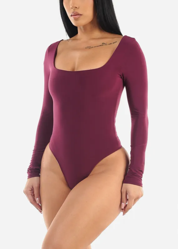 Long Sleeve Square Neck Thong Bodysuit Wine sold by Moda