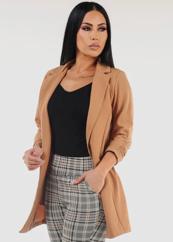 Formal Open Front Quarter Sleeve Blazer Camel sold by Moda