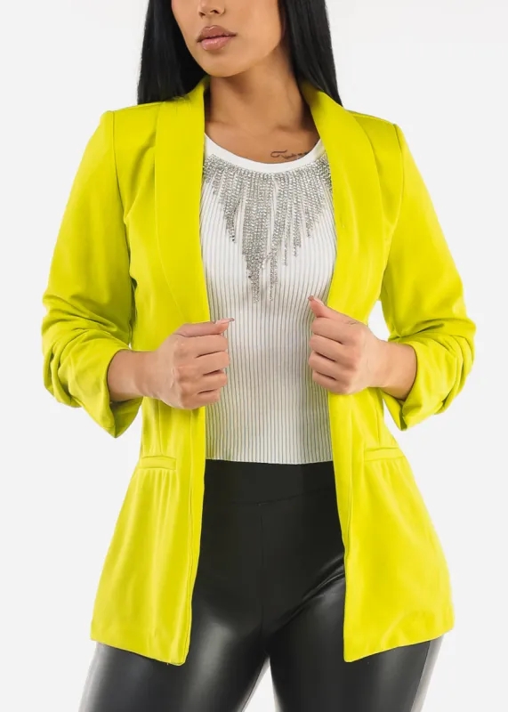 Ruched Quarter Sleeve Open Front Blazer Lime sold by Moda