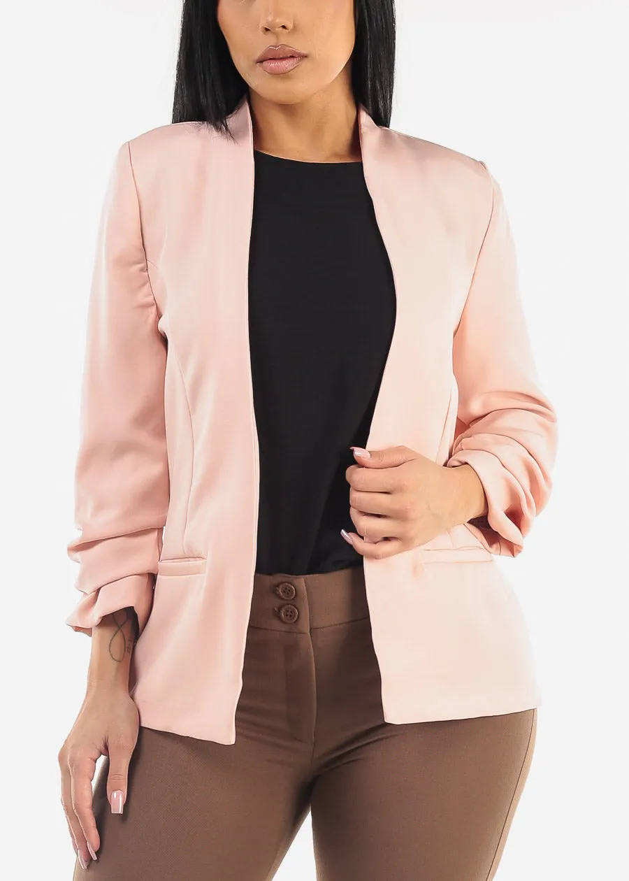 Open Front Ruched Quarter Sleeve Blazer Pink sold by Moda