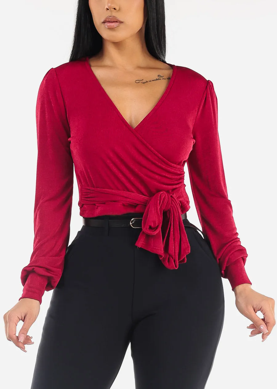 Long Sleeve Surplice Tie Front Blouse Dark Red sold by Moda