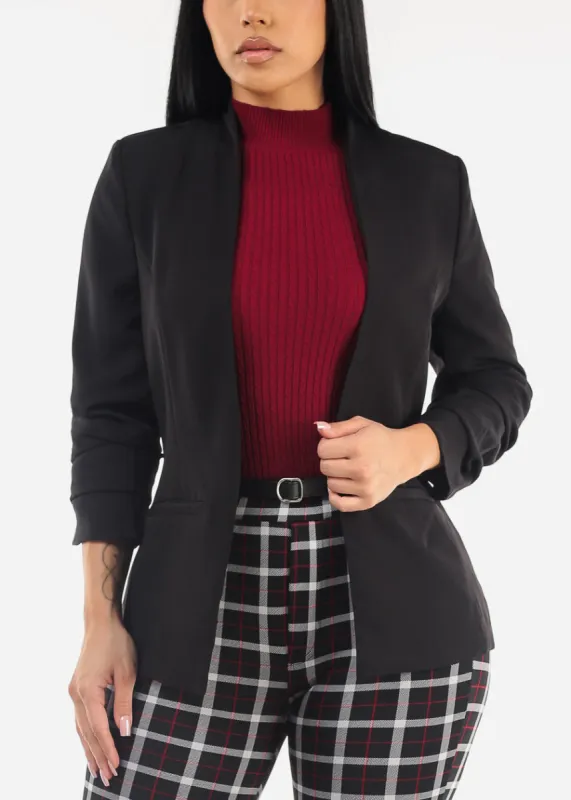 Open Front Ruched Quarter Sleeve Black Blazer sold by Moda