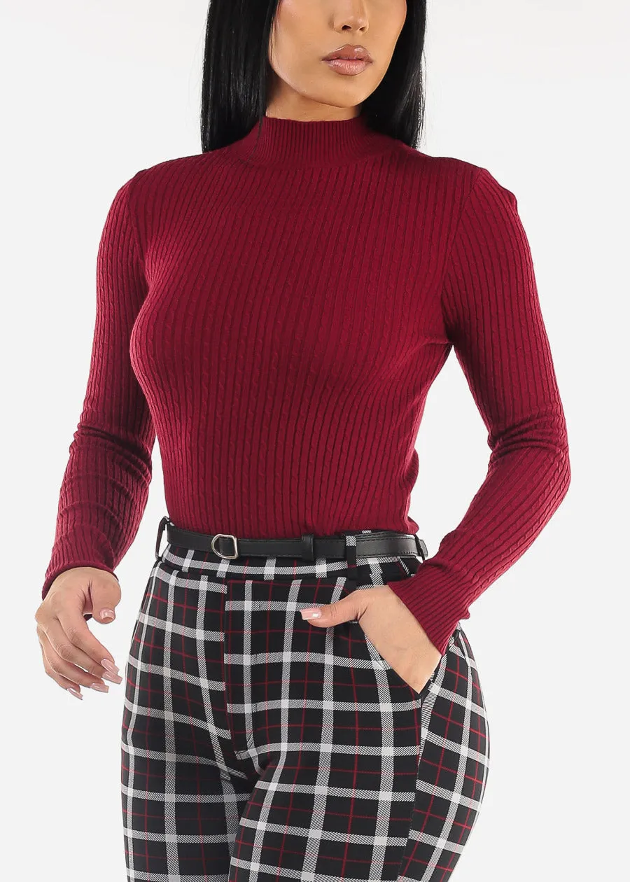 Long Sleeve Mock Neck Ribbed Sweater Burgundy sold by Moda