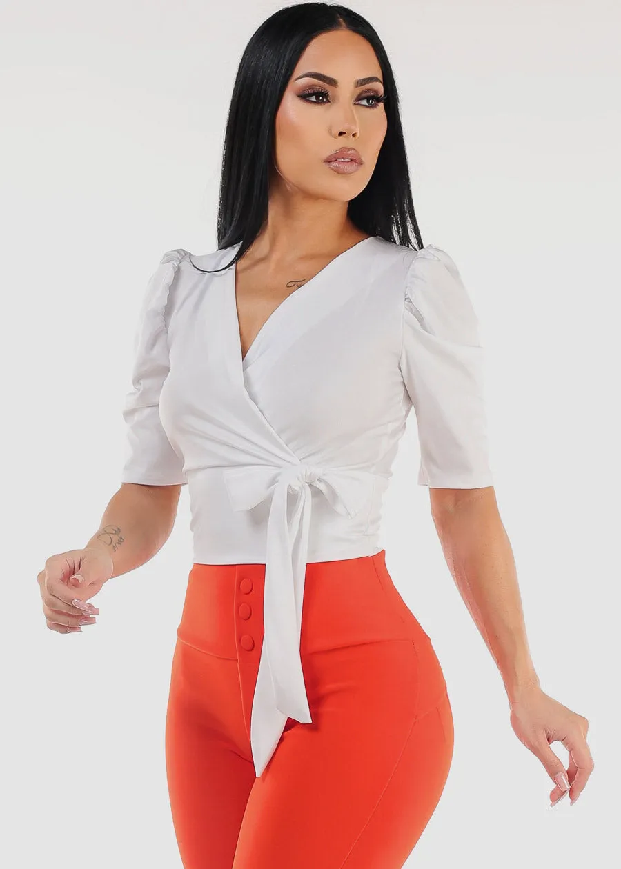 Short Puff Sleeve Surplice Blouse Ivory sold by Moda