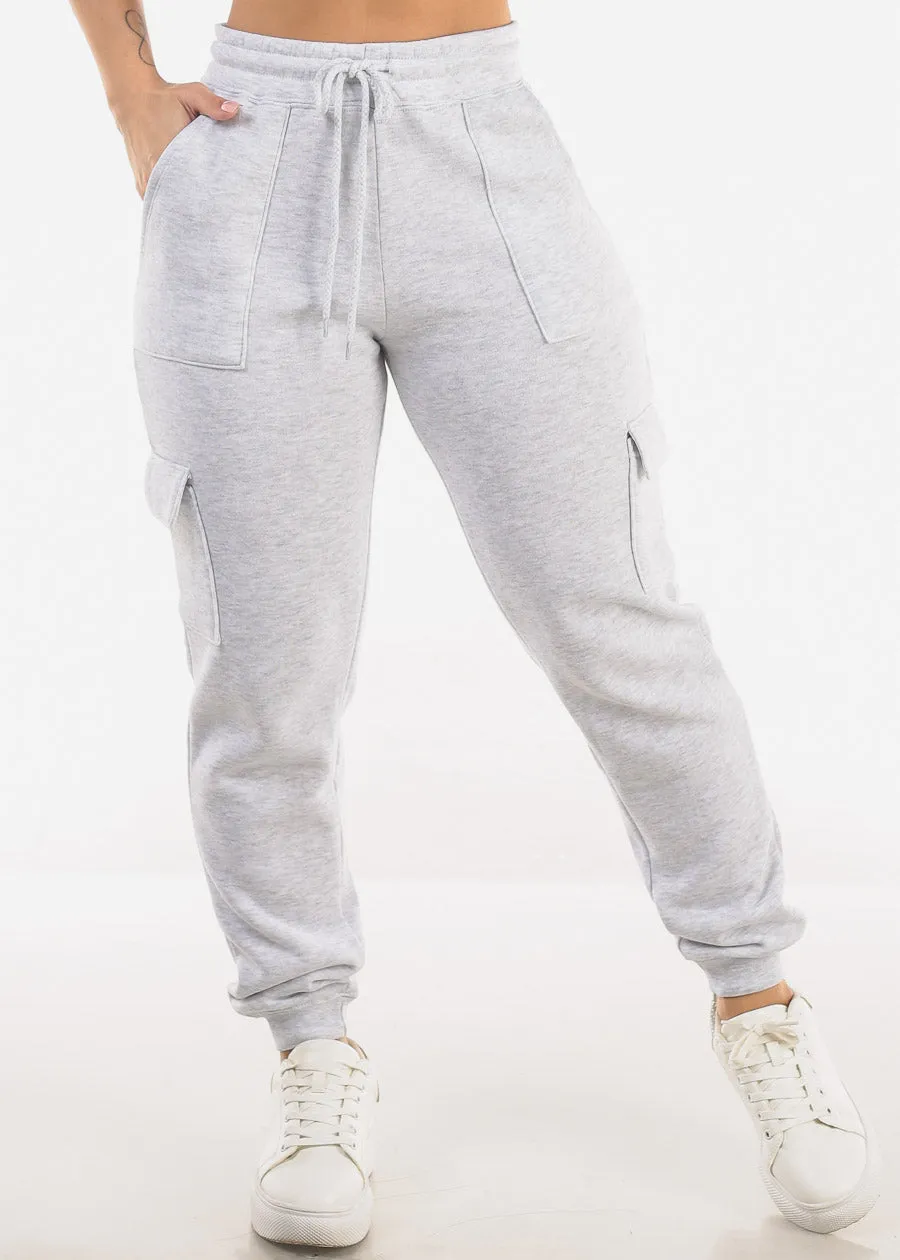 High Waist Fleece Cargo Jogger Pants Light Grey sold by Moda