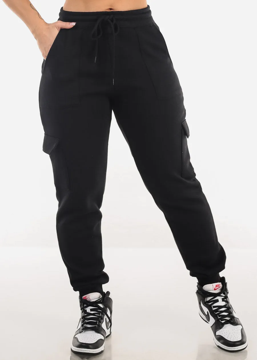 Black High Waist Fleece Cargo Jogger Pants sold by Moda