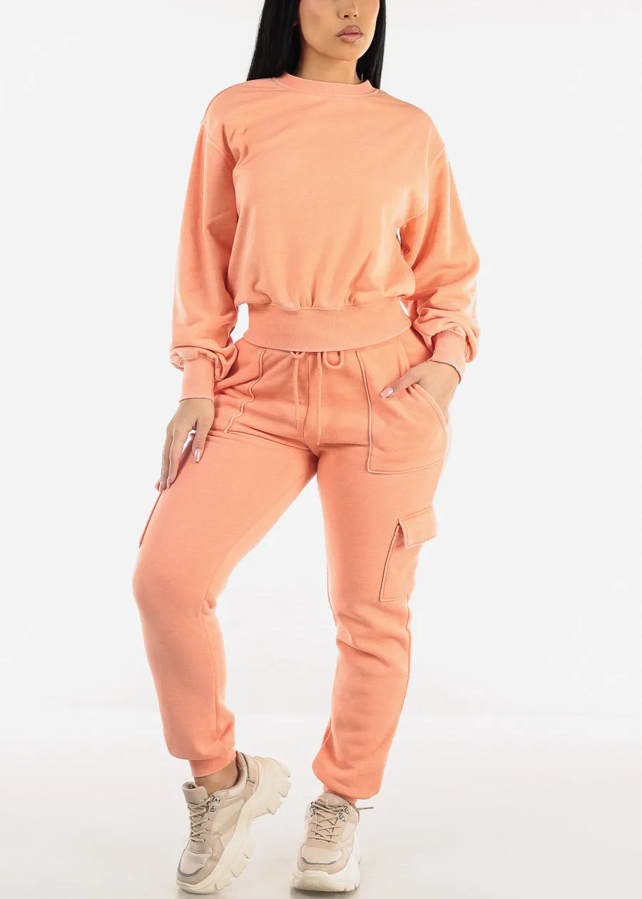 High Drawstring Waist Fleece Cargo Jogger Pants Orange sold by Moda product image thumbnail 2