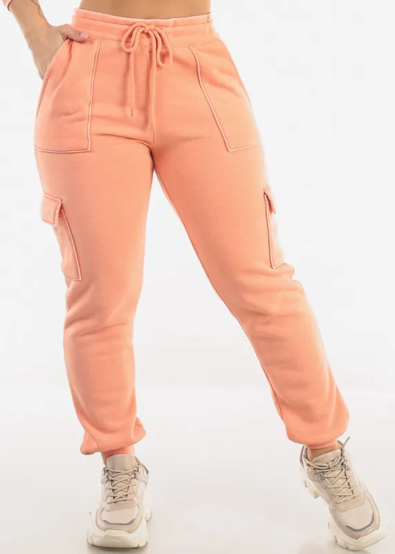 High Drawstring Waist Fleece Cargo Jogger Pants Orange sold by Moda